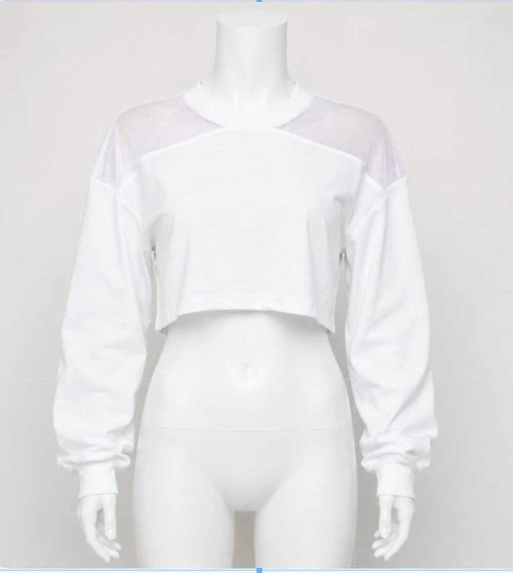 NWT Kendall & Kylie White Mesh Shoulder Raw Hem Long Sleeve Crop Blouse S